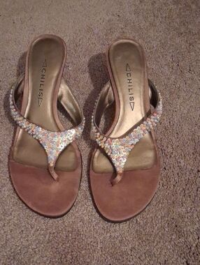 Chilis Embellished Brown Sequin Thong Sandals - Women's